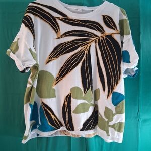 Chico's Leaf Print Short Sleeve Top - Black, Green, Blue Size 4 (XXL)
